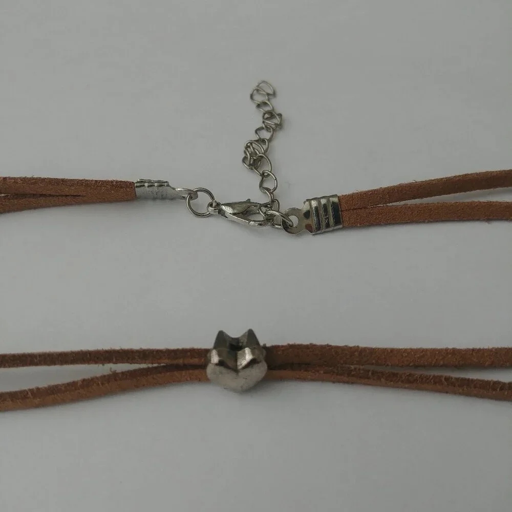 Y2K Brown leather double strand short necklace choker silver heart - Picture 3 of 9